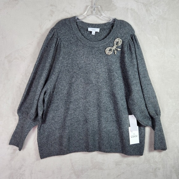 CeCe Sweaters - CeCe Bow Embellished Sweater Womens 2X Grey Rhinestone Puff Sleeve Coquette